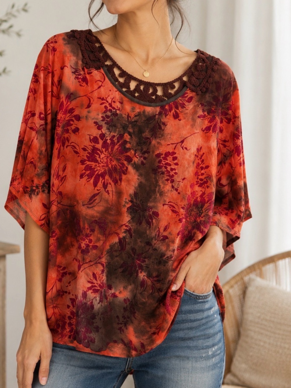 Sam & Jo 1X soft brushed velvet orange-brown crochet batik style boho tunic top